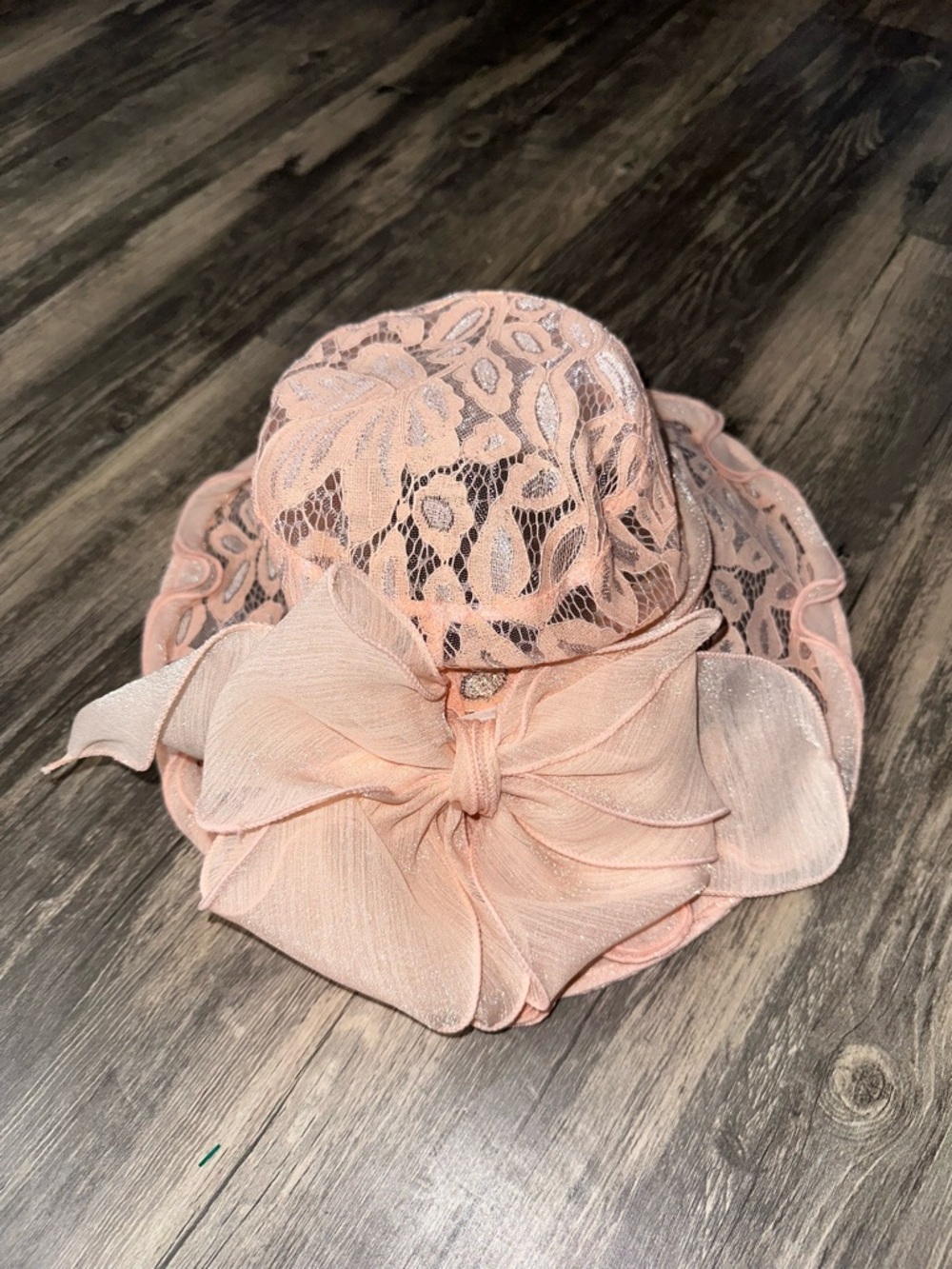 Vintage Pink Lace Wide Brim Hat Floral Bow Church Derby Tea Party